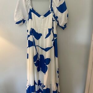 Nine West White and Blue Floral Midi Dress